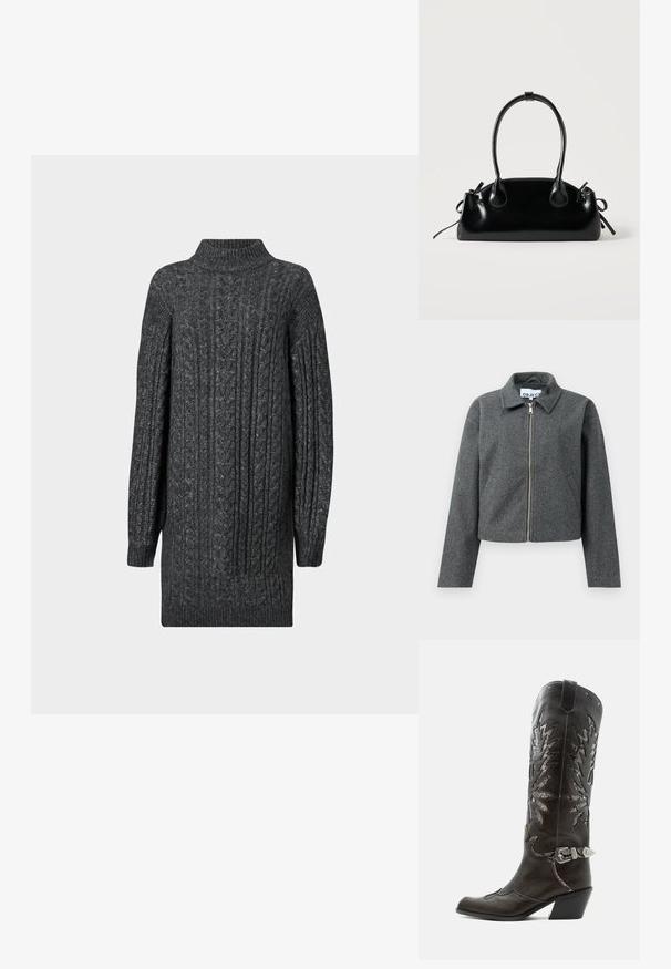 Veste grise courte en matière texturée. Dotée d'une fermeture éclair sur le devant, d'un col pointu et de poches latérales. Design simple, sans motifs.; Robe pull longue en tricot à côtes gris foncé avec un col montant, des poignets et un ourlet côtelés sur fond blanc.; Botte de cowboy en cuir noir avec découpes décoratives, boucle argentée et talon incliné, présentée sur fond blanc.; Petit sac à main noir brillant avec deux longues anses et des détails à cordon sur les côtés sur un fond clair uni.