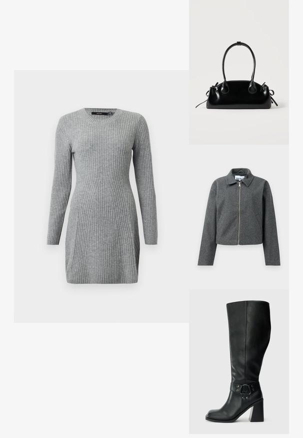 Veste grise courte en matière texturée. Dotée d'une fermeture éclair sur le devant, d'un col pointu et de poches latérales. Design simple, sans motifs.; Robe grise en tricot côtelé avec des manches longues et un col rond. Présente un design ajusté et des lignes verticales pour la texture. Tissu doux.; Bottes en cuir noires arrivant au genou, avec un bout carré, un large talon et une sangle décorative avec des accents métalliques autour de la cheville. Texture lisse.; Petit sac à main noir brillant avec deux longues anses et des détails à cordon sur les côtés sur un fond clair uni.