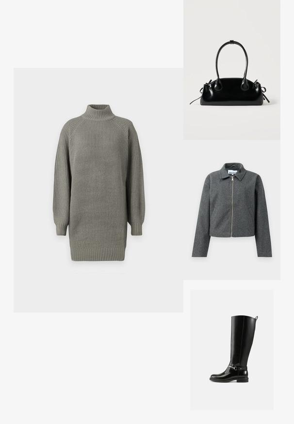 Graue, taillierte Jacke aus strukturiertem Material. Verfügt über einen Reißverschluss vorne, einen spitzen Kragen und seitliche Taschen. Schlichtes Design, ohne Muster.; Übergroßer grauer Strickpullover mit hohem Kragen, gerippten Bündchen und strukturierter Oberfläche. Verfügt über gesenkte Schultern und eine lockere Passform.; Schwarze kniehohe Stiefel aus glänzendem Leder mit silberner Schnalle am Knöchel und abgerundetem Zehenbereich. Flache Sohle.; Kleine schwarze glänzende Handtasche mit zwei langen Griffen und seitlichen Kordelzug-Details vor einfachem hellem Hintergrund.