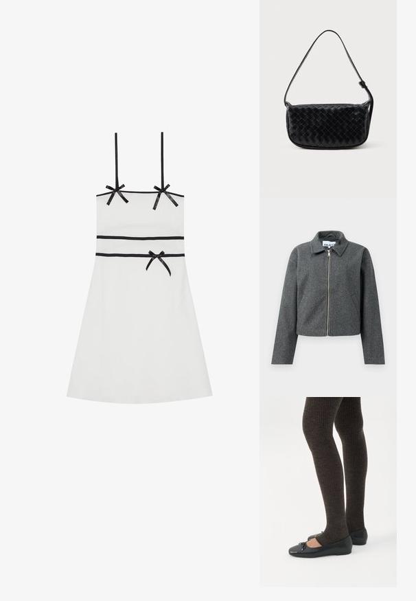 Veste grise courte en matière texturée. Dotée d'une fermeture éclair sur le devant, d'un col pointu et de poches latérales. Design simple, sans motifs.; Robe sans manches blanche avec des accents de ruban noir aux épaules et à la taille. Texture lisse, longueur genou, silhouette ajustée, design à nervures subtiles.; Jambes portant des leggings côtelés foncés associés à des ballerines noires avec de petits détails en nœud sur fond blanc.; Sac à épaule en cuir tressé noir avec une sangle courbée, un corps rectangulaire et une texture lisse, doté d'une fermeture éclair et de détails de couture subtils.
