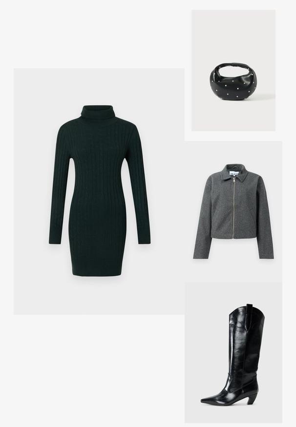 Veste grise courte en matière texturée. Dotée d'une fermeture éclair sur le devant, d'un col pointu et de poches latérales. Design simple, sans motifs.; Robe pull en laine à mailles torsadées vert foncé avec des manches longues et un col roulé ajusté sur fond uni.; Bottes en cuir noir montantes jusqu'au genou, avec une pointe effilée, un talon bas, et des détails de couture décoratifs sur les côtés. Fini lisse et brillant.; Sac à main en cuir noir de forme arrondie, décoré de clous argentés et équipé d'une poignée courte. Texture lisse et fermeture éclair.