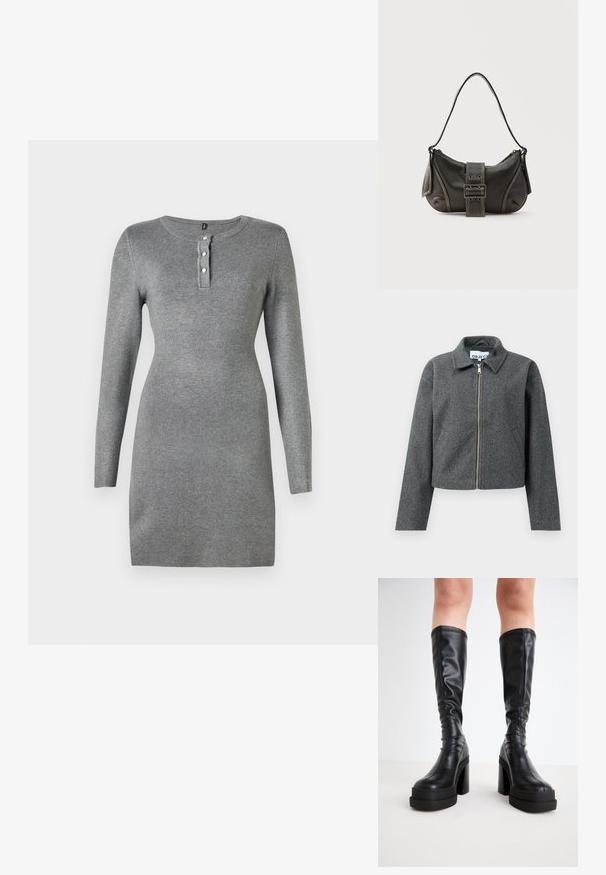 Veste grise courte en matière texturée. Dotée d'une fermeture éclair sur le devant, d'un col pointu et de poches latérales. Design simple, sans motifs.; Robe grise à manches longues avec une forme ajustée, un col rond et une patte de boutonnage à trois boutons. Tissu texturé avec une finition lisse.; Bottes noires hautes en cuir lisse, avec une épaisse semelle plateforme et un talon carré, ornées de surpiqûres le long des bords.; Sac à épaule en cuir noir avec une sangle à boucle, des bords arrondis et des coutures blanches contrastées sur un fond uni.
