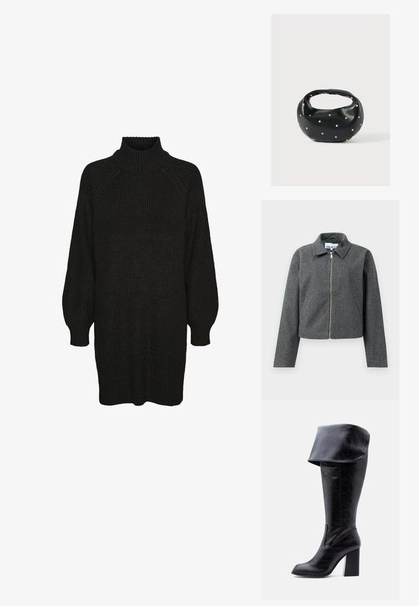 Grå cropped jakke lavet af tekstureret materiale. Har en lynlåslukning foran, spidse kraver og sidelommer. Simpelt design uden mønstre.; Sort striktrøje kjole med høj ribbet krave, raglanærmer og tekstureret stof. Løs pasform med manchetærmer og lige kant.; Høj sort læderstøvle med hæl, foldet kant og rund tå, stående oprejst på en hvid baggrund.; Sort læderhåndtaske med en rundet form, dekoreret med sølvnitter, og et kort håndtag. Glat tekstur og lynlåslukning.