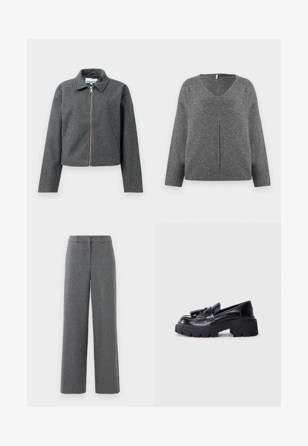 Veste grise courte en matière texturée. Dotée d'une fermeture éclair sur le devant, d'un col pointu et de poches latérales. Design simple, sans motifs.; Pull gris en V à manches longues, fabriqué dans un matériau doux. Présente des détails côtelés aux poignets et à l'ourlet, avec une coupe ample et décontractée.; Pantalons gris en tissu texturé et tissé. Design à jambes larges, devant plat et sans matériel ou accents visibles. Convient pour une tenue formelle.; Mocassins en cuir noir avec une semelle épaisse et dentelée, ornés d'un pompon décoratif à l'avant et d'une texture lisse et brillante.