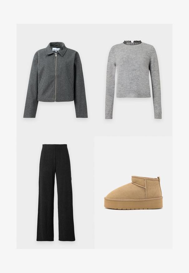 Graue, taillierte Jacke aus strukturiertem Material. Verfügt über einen Reißverschluss vorne, einen spitzen Kragen und seitliche Taschen. Schlichtes Design, ohne Muster.; Grauer Pullover mit langen Ärmeln, einem runden Ausschnitt, der mit schwarzer Spitze akzentuiert ist, und einem gerippten Saum, hergestellt aus einem weichen und strukturierten Stoff.; Schwarze weit geschnittene Hose mit hoher Taille und geraden Nähten, präsentiert vor einem weißen Hintergrund.; Beige Wildleder-Stiefeletten mit runder Zehenform, minimaler Nähte und einer hellbraunen Gummisohle mit strukturiertem Muster.