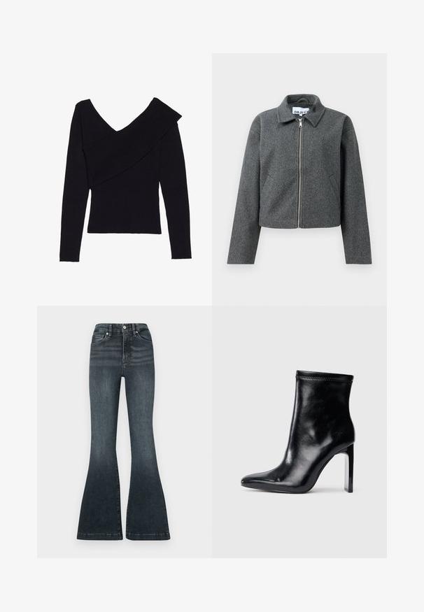Grå cropped jakke lavet af tekstureret materiale. Har en lynlåslukning foran, spidse kraver og sidelommer. Simpelt design uden mønstre.; Even&Odd Striktrøje - black; Good American ALWAYS FITS GOOD LEGS FLARE TROUSER - Flared jeans - indigo; Sorte læder ankelstøvle med spidse tæer og høj klar hæl. Glat tekstur og minimal syning på overmaterialet.