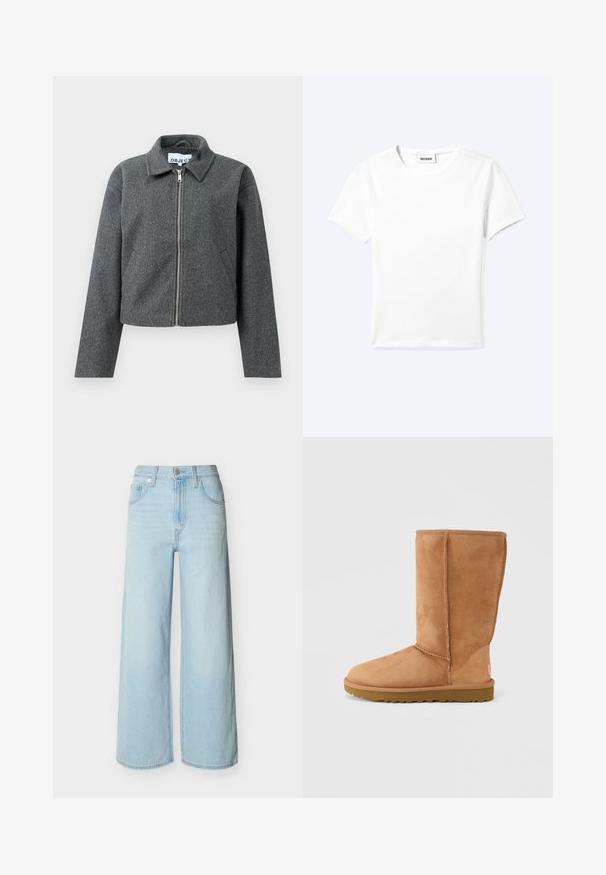 Grå cropped jakke lavet af tekstureret materiale. Har en lynlåslukning foran, spidse kraver og sidelommer. Simpelt design uden mønstre.; Ensfarvet hvid t-shirt med korte ærmer og rund halsudskæring med en lille "WEEKDAY" label indeni halskanten, vist fladt på en lys baggrund.; Lyseblå vidbenede jeans med forreste knap- og lynlås-lukning, bæltestropper og klassisk design med fem lommer.; Lysebrun ruskindsstøvle med mellemhøj skaft, tyk sål og synlige syninger, vist fra ydersiden mod en ensfarvet baggrund.