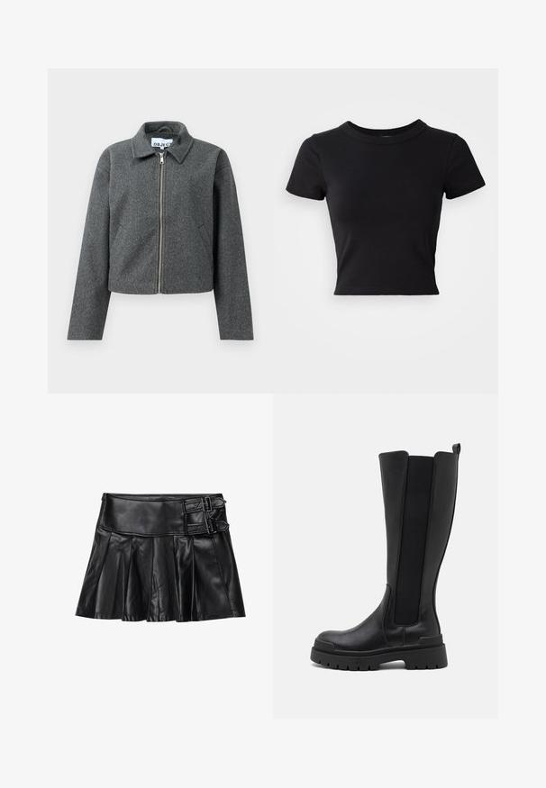 Graue, taillierte Jacke aus strukturiertem Material. Verfügt über einen Reißverschluss vorne, einen spitzen Kragen und seitliche Taschen. Schlichtes Design, ohne Muster.; Schwarzes, cropped T-Shirt aus festem Baumwollstoff, mit kurzen Ärmeln und rundem Halsauschnitt, das ein glattes und einfaches Design aufweist.; Schwarze Lederrock mit Falten, breitem Bund und zwei Schnallenakzenten an der Seite. Glatte Textur mit glänzendem Finish.; Even&Odd by Zalando Plateaustiefel - black