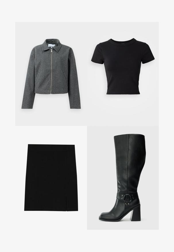 Grå cropped jakke lavet af tekstureret materiale. Har en lynlåslukning foran, spidse kraver og sidelommer. Simpelt design uden mønstre.; Sort cropped t-shirt lavet af solid bomuld, med korte ærmer og rund halsudskæring, med et glat og enkelt design.; Sort mini nederdel lavet af blødt stof med en tætsiddende design, der har en lille slids på siden for ekstra detalje.; Knæhøje sorte læderstøvler med firkantet tå, bred hæl og en dekorativ rem med metalaccenter omkring anklen. Glat tekstur.