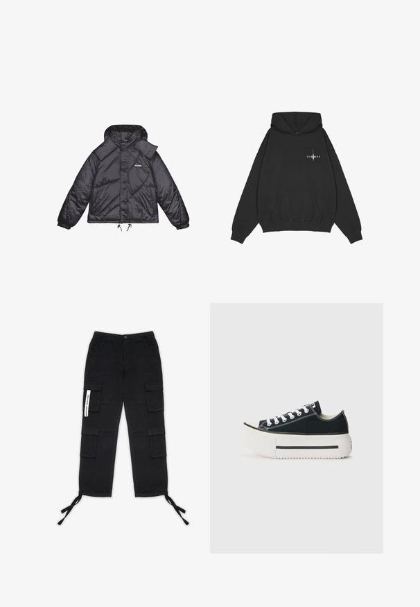 Schwarze Pufferjacke mit glänzender Textur, Kapuze und strukturierten Paneelen. Verfügt über elastische Bündchen und einen verstellbaren Kordelzug in der Taille.; Pegador Kapuzenpullover - washed black; Pegador TANAMI WIDE PANTS - Cargohose - black; Schwarze Canvas-Sneaker mit einer weißen Gummisohle, die eine dicke Plateausohle, weiße Schnürsenkel und kontrastierende Nähte entlang der Nähte aufweisen.