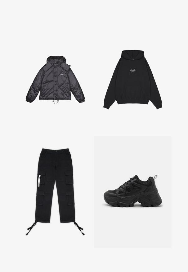 Čierna puffa bunda s lesklou textúrou, kapucňou a štruktúrovanými panelmi. Ponúka elastické manžety a nastaviteľnú šnúrku v páse.; Pegador BELLY OVERSIZED HOODIE - Mikina s kapucňou - washed black; Pegador TANAMI WIDE PANTS - Kapsáče - black; Čierne športové topánky s textúrovaným sieťovaným zvrškom, zakrivenou gumovou podrážkou a výrazným vzorom behúňa. Obsahujú integrované šnurovanie a pútko.