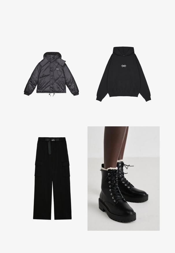 Must must-sinine jope, millel on läikiv tekstuur, kapuuts ja struktureeritud paneelid. Omab elastseid mansette ja reguleeritavat nööriga taljet.; Pegador BELLY OVERSIZED HOODIE - Kapuutsiga pusa - washed black; Mustad mustad püksid, millel on lai jalgade disain, elastne vöökoht koos rihmaga ja kaks suurt küljetaskut. ; Mustad mustad anklesaapad, millel on paksud tallad ja valge fliisdoon ning mida kannab inimene, kes seisab heledal põrandal.