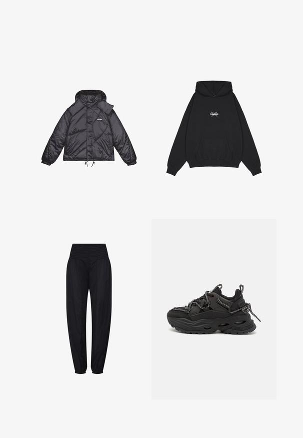 Chaqueta de plumas negra con textura brillante, capucha y paneles estructurados. Cuenta con puños elásticos y cordón ajustable en la cintura.; Pegador BELLY OVERSIZED HOODIE - Jersey con capucha - washed black; Pantalones negros de tiro alto con cintura fruncida y puños elásticos recogidos, ajuste suelto en las caderas y piernas estrechas.; Zapatillas deportivas negras con upper de tela texturizada, suela de goma gruesa y detalles de cordones en contraste. Presenta refuerzo en el talón y logotipo.