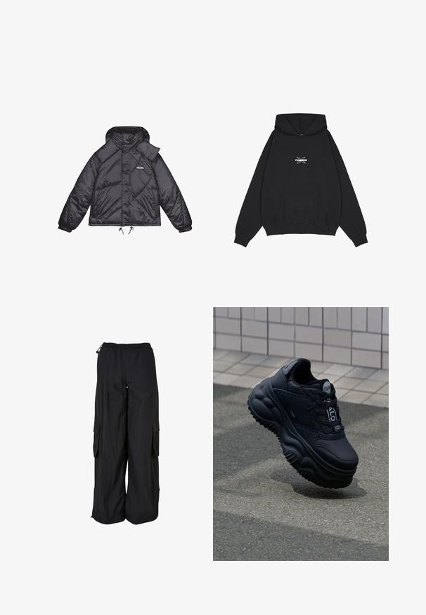 Sort pufferjakke med blank overflade, hætte og strukturerede paneler. Har elastiske manchetter og justerbar snor i taljen.; Pegador BELLY OVERSIZED HOODIE - Hættetrøje - washed black; Svarte cargobukser med vidde ben, elastisk talje, sidelommer med klap og justerbare snore i talje og forneden.; Sorte klodset sneakers med en glat læderoverdel, hævet sål med bølgende mønstre og snørebånd for en sikker pasform. Branding på tungen.