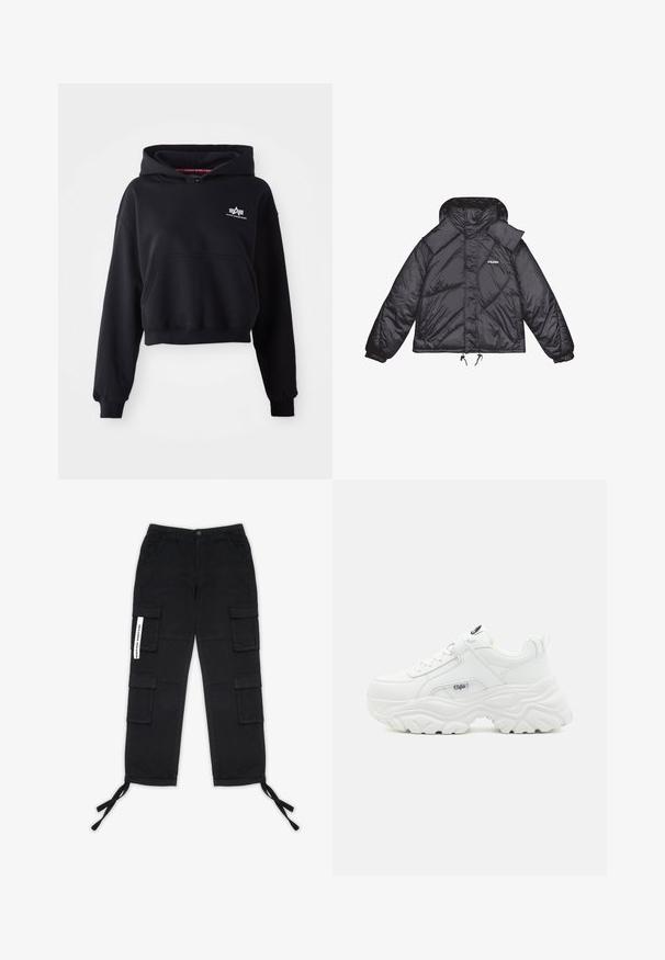 Sort pufferjakke med blank overflade, hætte og strukturerede paneler. Har elastiske manchetter og justerbar snor i taljen.; Sort cropped hoodie lavet af blødt stof, med en forlommer, snoretræk i hætten og et lille hvidt logo på brystet.; Pegador TANAMI WIDE PANTS - Cargobukser - black; Hvide chunky sneakers med en glat læderoverdel, rund tå og tyk tekstureret sål med et synligt brandlogo på siden.