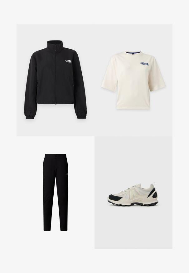 Sort jakke med fuld lynlås, stående krave, elastiske manchetter og hvid "The North Face"-logo på venstre bryst.; Hvid T-shirt med korte ærmer med en lille blå The North Face-logo på øverste venstre bryst.; The North Face W QUEST SOFTSHELL PANTS - Bukser - tnf black; Lys beige sneaker med sorte suede-detaljer, mesh-overdel, reflekterende detaljer og tekstureret gummisål for godt greb. Snørebåndsdesign.