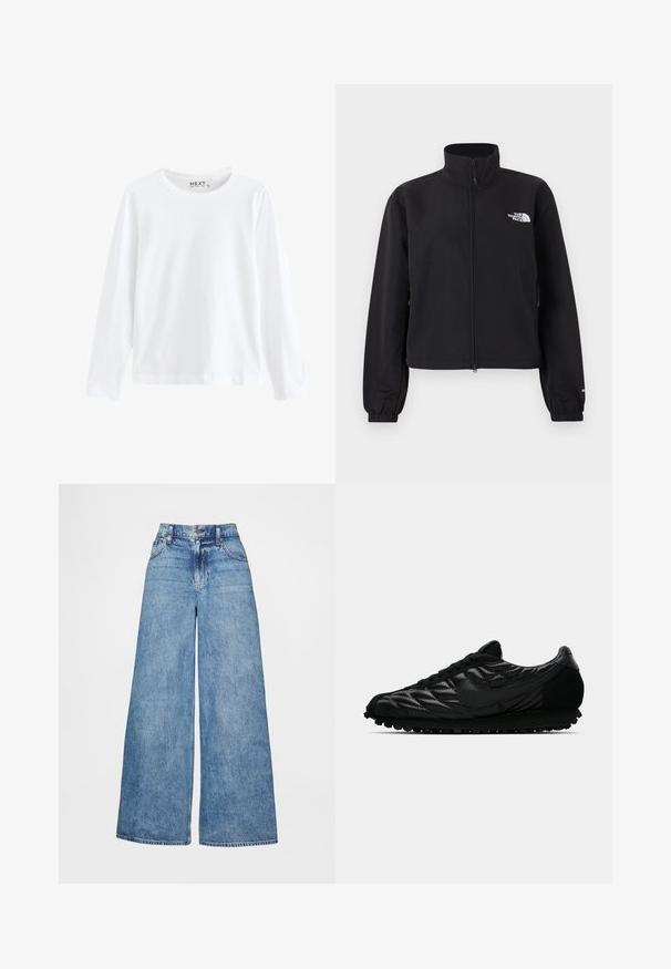 Schwarze Jacke mit durchgehendem Reißverschluss, Stehkragen, elastischen Bündchen und weißem "The North Face"-Logo auf der linken Brust.; Langärmliges weißes T-Shirt aus Baumwolle, mit Rundhalsausschnitt und schlichtem Design, gleichmäßiger Textur und ohne sichtbare Muster oder Akzente.; Weit geschnittene Jeans aus hellblauem Denim mit hohem Bund, Vordertaschen und klassischem Knopfverschluss. Glatte Textur ohne sichtbare Muster.; Schwarzer Sportschuh mit einer strukturierten Oberseite, die mit Diamantmustern versehen ist, glatten Lederakzenten und einer Gummisohle mit kleinen Nieten.