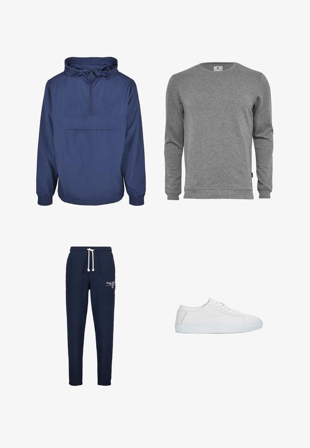 Marineblaues Pullover-Jackett aus leichtem, wasserabweisendem Material. Es verfügt über eine vordere Reißverschlusstasche, elastische Bündchen und eine verstellbare Kapuze.; Grauer Langarm-Sweatshirt aus weichem Baumwoll-Mix. Verfügt über einen Rundhalsausschnitt, gerippte Bündchen und eine schlichte, unifarbene Textur ohne Muster.; Marineblaue Jogginghosen aus weichem Material mit einem Kordelzugbund, gerippten Bündchen und weißer gestickter Markenlogo auf der Vorderseite.; Weißer niedriger Sneaker mit Schnürdesign, glattem Lederobermaterial und flacher Gummisohle, seitlich auf weißem Hintergrund dargestellt.