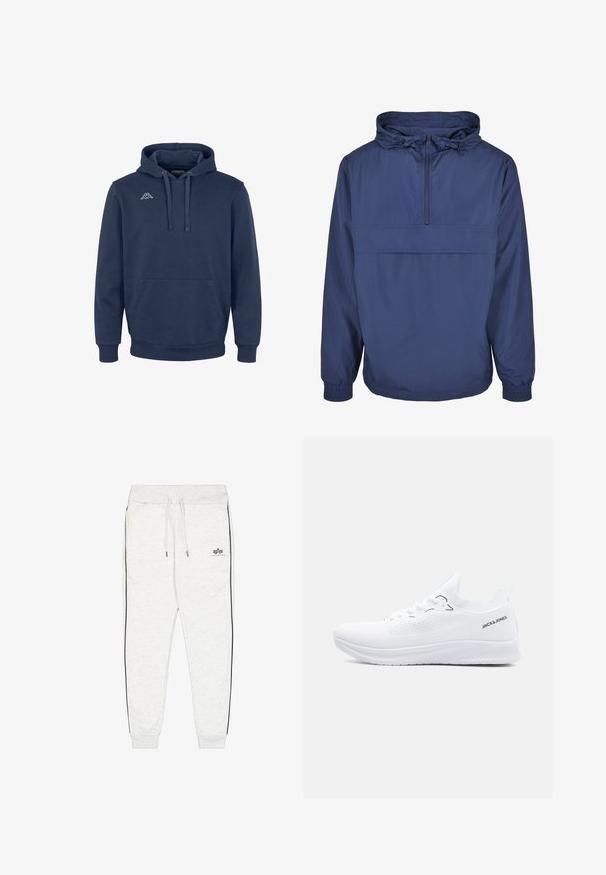 Veste à col montant bleu marine fabriquée en matériau léger et résistant à l'eau. Elle comprend une poche zippée à l'avant, des poignets élastiques et une capuche ajustable.; Hoodie bleu marine en tissu doux, avec une poche avant, une capuche à cordon et un logo blanc sur la poitrine. Design à coupe standard.; Pantalons de survêtement gris clair en matériau doux. Comprend des bandes latérales noires, une taille élastique avec cordon de serrage, et un détail de logo sur la cuisse gauche.; Baskets blanches en tricot à tige basse avec semelle texturée, fermeture à lacets à l'avant et logo "JACK & JONES" sur le côté du col du talon.