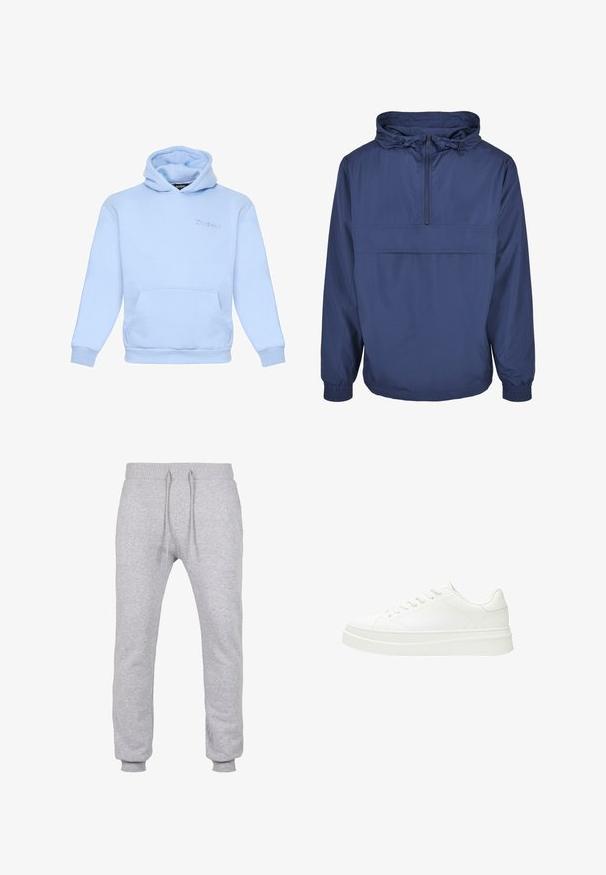 Veste à col montant bleu marine fabriquée en matériau léger et résistant à l'eau. Elle comprend une poche zippée à l'avant, des poignets élastiques et une capuche ajustable.; Hoodie bleu clair en tissu doux, avec une poche frontale, des poignets élastiques et un logo brodé sur la poitrine.; Pantalons de survêtement gris en tissu doux, dotés d'une taille élastique avec cordon de serrage, de jambes fuselées et de poignets côtelés pour un ajustement sécurisé.; Baskets blanches avec une tige en cuir lisse, des lacets plats et une semelle en caoutchouc épaisse. Le design minimaliste présente des coutures discrètes et des accents sans couture.