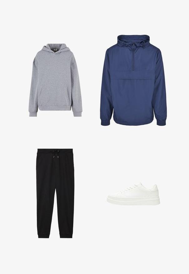 Marineblauw pulloverjack gemaakt van lichtgewicht, waterafstotend materiaal. Voorzien van een voorzak met rits, elastische manchetten en een verstelbare capuchon.; Lichtgrijze pullover hoodie met lange mouwen, voorzak met kangoeroezak en geribde boorden op een witte achtergrond.; Zwarte joggers gemaakt van zachte stof, met een elastische tailleband, een trekkoord en taps toelopende broekspijpen.; Witte sneaker met een glad leren bovenwerk, platte veters en een dikke rubberen zool. Minimalistisch ontwerp met subtiele stiksel en naadloze accenten.