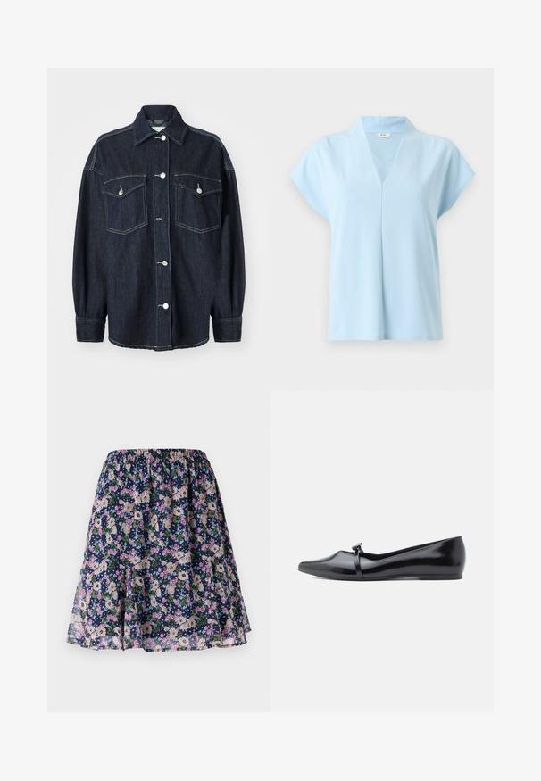 Dunkelblaue Jeansjacke mit zwei Brusttaschen, silbernen Knöpfen, einem spitzen Kragen und langen Ärmeln mit schmalen Manschetten. Weiche Textur.; Hellblaue kurzärmelige Bluse mit tiefem V-Ausschnitt und lockerer Passform, aus glattem Stoff, mit kleinem inneren Etikett am hinteren Halsausschnitt.; Blumenrock mit elastischem Taillenbund. Verfügt über einen dunkelblauen Hintergrund mit rosa, weißen und grünen Blumenmustern. Fließender, leichter Stoff.; Schwarzer Ballerina aus Lackleder mit spitzer Kappe, dekorativem Riemen und glatter Textur. Minimalistisches Design ohne sichtbare Akzente.