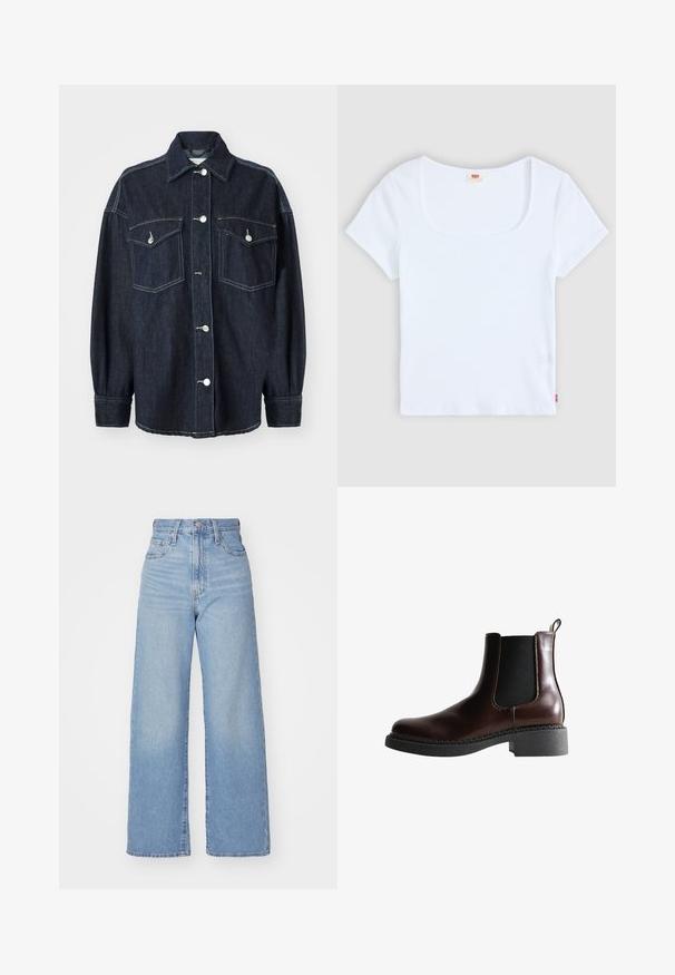 Veste en denim bleu foncé avec deux poches poitrine, boutons en argent, col pointu et manches longues avec poignets fuselés. Texture douce.; Haut blanc à manches courtes avec un décolleté carré, fabriqué en tissu à texture côtelée. Présente une petite étiquette logo rouge en bas à gauche.; Jean large taille haute bleu clair avec bouton et fermeture éclair à l'avant, poches avant et arrière, sur fond blanc.; Bottine en cuir marron avec des panneaux élastiques sur les côtés, bout rond et semelle en caoutchouc noir texturé. Comprend des coutures contrastées et une languette.