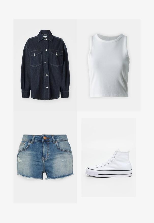 Veste en denim bleu foncé avec deux poches poitrine, boutons en argent, col pointu et manches longues avec poignets fuselés. Texture douce.; Débardeur blanc côtelé avec un décolleté rond et sans manches, présentant un ourlet droit et une texture lisse et extensible.; LTB PAMELA - Short en jean - lelia; Baskets montantes blanches avec une bande noire sur la semelle, lacets noués, semblant flotter au-dessus d'une surface en pierre et d'un fond avec un rebord.