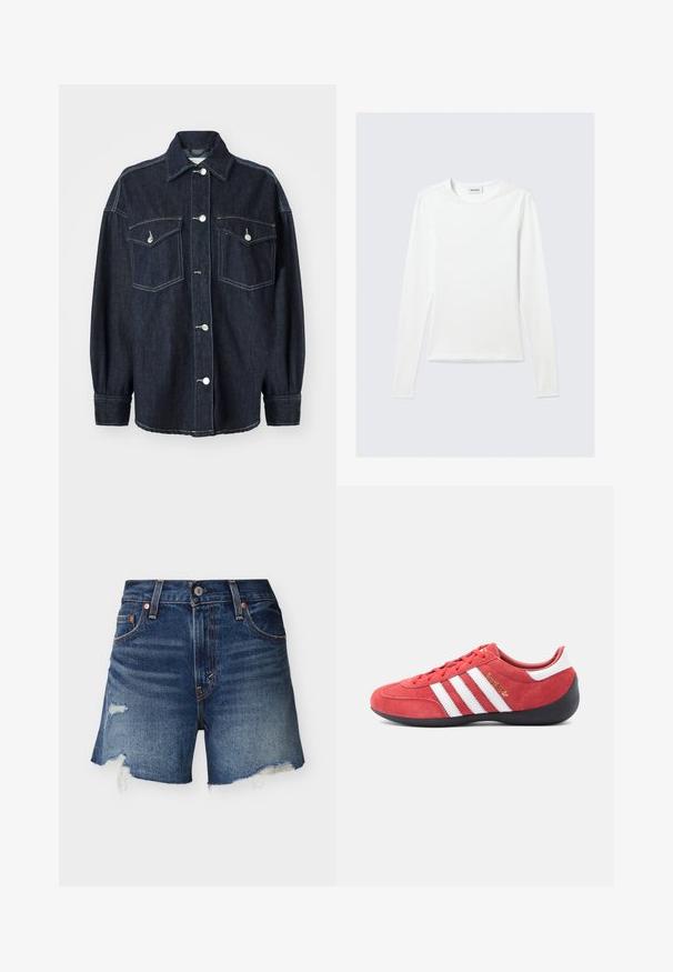 Veste en denim bleu foncé avec deux poches poitrine, boutons en argent, col pointu et manches longues avec poignets fuselés. Texture douce.; T-shirt blanc uni à manches longues avec col rond et coupe slim, présenté sur un fond gris clair.; Shorts en denim bleu avec bords effilochés et patchs usés sur un fond clair uni, vue de face.; Chaussure de sport en daim rouge avec motif à trois bandes blanches, semelle en caoutchouc noire et forme minimaliste. Détail du logo doré sur le côté.