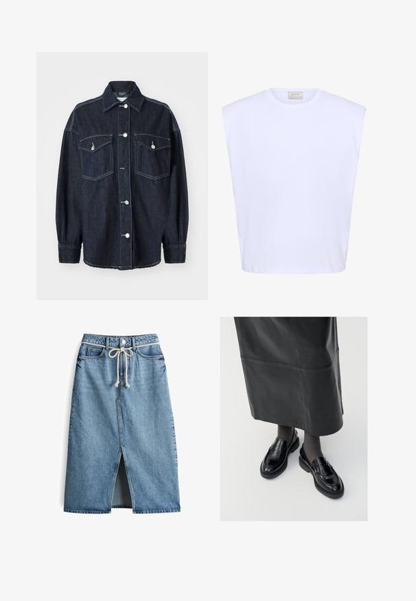 Dunkelblaue Jeansjacke mit zwei Brusttaschen, silbernen Knöpfen, einem spitzen Kragen und langen Ärmeln mit schmalen Manschetten. Weiche Textur.; Weißes ärmelloses Oberteil mit strukturierten Schultern, rundem Ausschnitt und dezentem eingeprägtem Logo vorne in der Mitte.; Denim-Midi-Rock, hellblau, mit Schlitz vorne, Kordelzugbund, klassischem Fünf-Taschen-Design und Kontrastnähten.; Schwarze Lederloafers mit glatter Oberfläche, verziert mit einem dekorativen Riemen, runder Zehenpartie und texturierten Sohlen. Getragen mit einem langen schwarzen Lederrock.