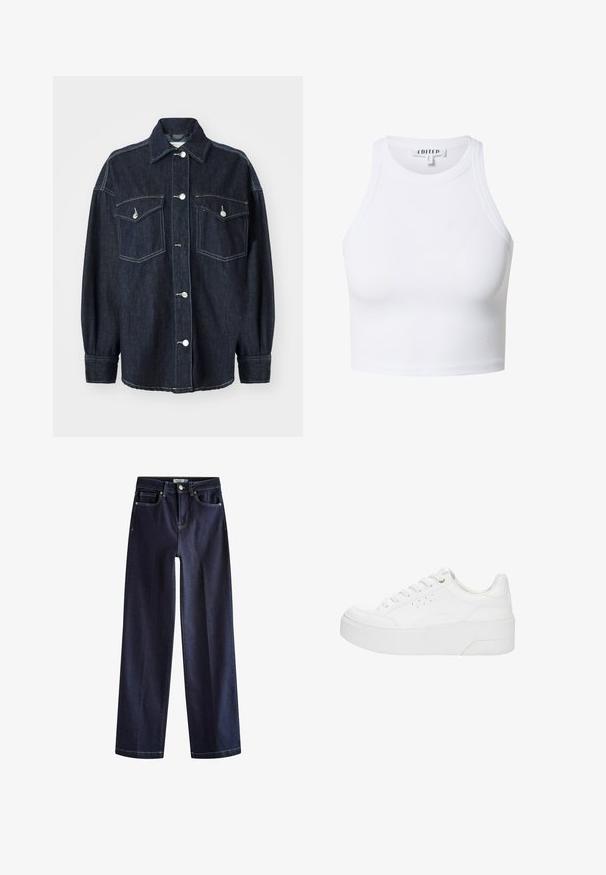 Veste en denim bleu foncé avec deux poches poitrine, boutons en argent, col pointu et manches longues avec poignets fuselés. Texture douce.; Top court côtelé blanc avec un col montant et une coupe sans manches. Il présente un tissu texturé et une étiquette imprimée à l'intérieur.; Next Jean droit - rinse blue; Baskets à plateforme blanches avec lacets à l'avant, détails perforés sur le côté et semelle épaisse, vues de profil extérieur sur un fond blanc.