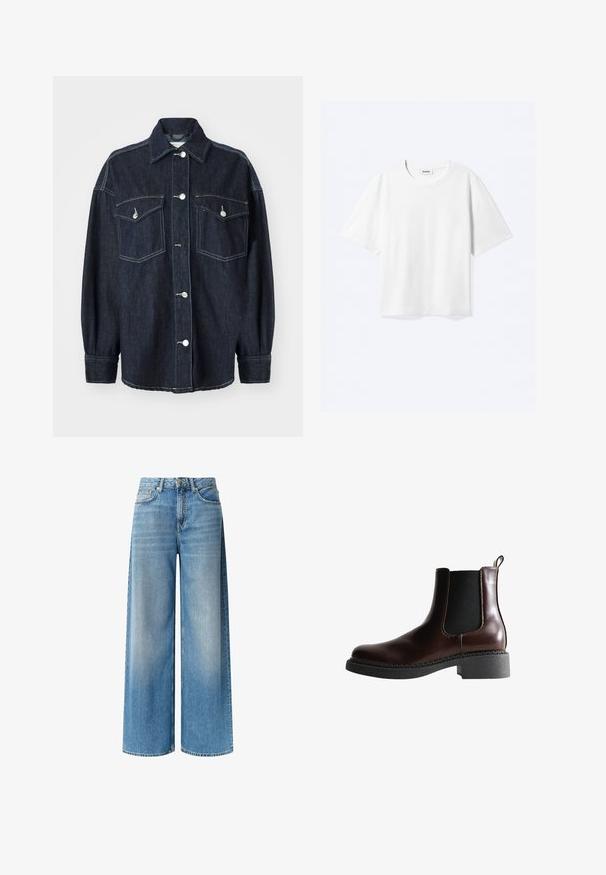 Chaqueta de denim azul marino con dos bolsillos en el pecho, botones plateados, un cuello puntiagudo y mangas largas con puños ajustados. Textura suave.; Camiseta blanca de manga corta con cuello redondo y dobladillo recto, con etiqueta de la marca "WEEKDAY" dentro del escote.; Jeans de mezclilla azul de pierna ancha con un lavado claro, cintura alta, bolsillos delanteros y un sutil efecto de desvanecimiento a lo largo de las piernas. Terminados con un cierre de botón.; Botín de cuero marrón con paneles laterales elásticos, puntera redonda y suela de goma negra texturizada. Presenta costuras en contraste y una pestaña para facilitar el calce.