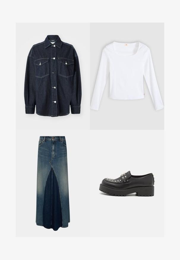 Chaqueta de denim azul marino con dos bolsillos en el pecho, botones plateados, un cuello puntiagudo y mangas largas con puños ajustados. Textura suave.; Camiseta blanca de manga larga hecha de tela acanalada, con escote cuadrado y diseño ajustado, con una pequeña etiqueta de logo en el costado.; Falda maxi de mezclilla azul con pliegue invertido frontal, pasadores para cinturón, cierre de botón y cremallera, y detalles de lavado desgastado.; Monki Zapatos sin cordones - black dark