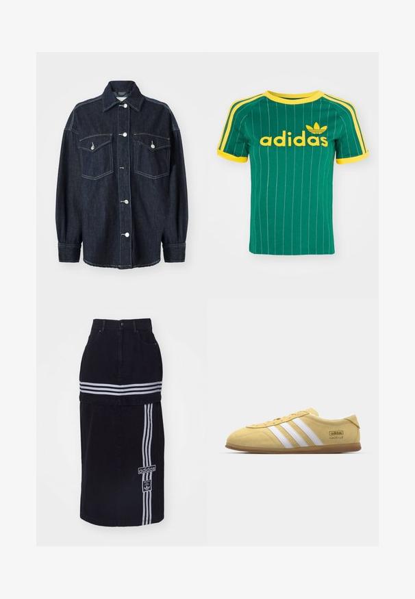 Mørkeblå denimjakke med to brystlommer, sølvknapper, en spids krave og lange ærmer med smalle manchetter. Blød tekstur.; Grøn bomulds T-shirt med lodrette hvide striber, gule accenter og "adidas" logo i gul skrift. Kortærmet og rund hals design.; Sort denimnederdel med høj talje, der har to hvide vandrette striber, et Adidas-logo på siden og et lige snit.; adidas Originals GAZELLE LO PRO W - Sneakers - almost yellow/footwear white
