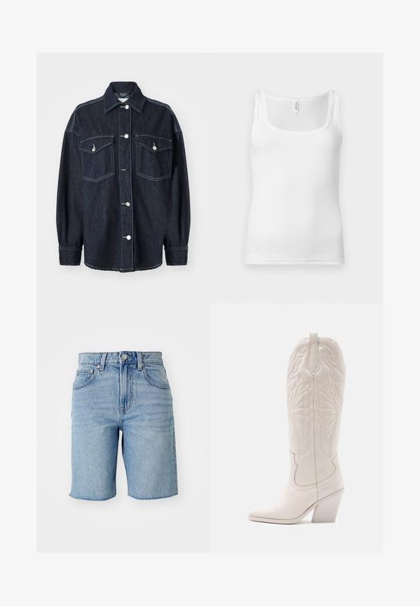 Dunkelblaue Jeansjacke mit zwei Brusttaschen, silbernen Knöpfen, einem spitzen Kragen und langen Ärmeln mit schmalen Manschetten. Weiche Textur.; Weißes Baumwoll-Top mit U-Ausschnitt, schmalen Trägern und figurbetontem Schnitt. Glatte Textur und minimalistischer Stil.; Helle blaue Jeansshorts mit hoher Taille, fünf Taschen und einem rohen Saum. Der Stoff zeigt eine ausgebleichte Wäsche mit subtilen Texturvariationen.; Weiße Leder-Cowboystiefel mit spitzer Zehe und blockiertem Absatz. Sie verfügen über aufwendige Steppmuster am Schaft und eine glatte Textur.