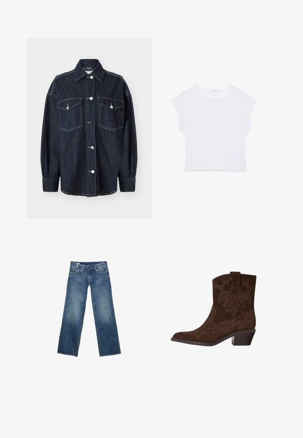 Mørkeblå denimjakke med to brystlommer, sølvknapper, en spids krave og lange ærmer med smalle manchetter. Blød tekstur.; Hvid kortærmet cropped T-shirt med rund halsudskæring, lavet af glat stof, lagt fladt på en hvid baggrund.; Blå denimjeans med vide lige ben, forlommer og knaplukning, vist fladt på en hvid baggrund.; Brune ruskinds cowboystøvle med spids tå, dekorative syninger, ankelhøjde og en stablet hæl. Har en pull tab for nem påtagning.