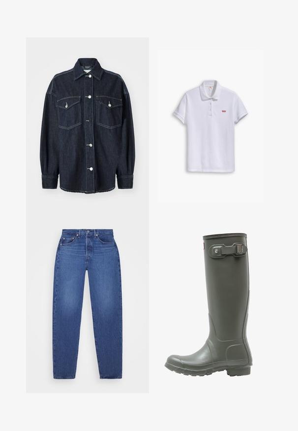 Mørkeblå denimjakke med to brystlommer, sølvknapper, en spids krave og lange ærmer med smalle manchetter. Blød tekstur.; Hvid polo t-shirt lavet af bomuld, med en klassisk krave, tre-knaps placket og et lille rødt Levi's logo på venstre bryst.; Blå denim jeans med lige ben, fem lommer, kobbernitter og en falmet tekstur. Klassisk talje med lynlåslukning.; Grønne gummistøvler i knæhøjde med en tekstureret sål, rund tå, justerbar spænde på siden og glat finish.