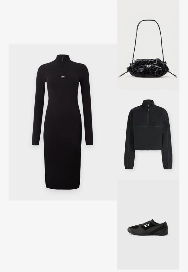 Schwarzer Langarm-Pullover mit Viertelreißverschluss, hohem Kragen, elastischen Bündchen, kontrastierenden Nähten und kleinem Logo auf der linken Brust.; Schwarzes, geripptes langärmliges Kleid mit einem halbseitigen Reißverschlusskragen und figurbetonter Silhouette, mit einem kleinen Logo auf der Brust. Glatte Textur.; Schwarze Sportschuhe mit Obermaterial aus Wildleder und Synthetik, mit strukturiertem Design, rundlicher Zehenpartie und flacher Sohle. Silbernes Logo-Detail an der Seite.; Schwarze Lederhandtasche mit gerafftem Design und Schleifendetail auf der Vorderseite. Verfügt über einen kurzen Griff und silberne Hardware-Akzente.