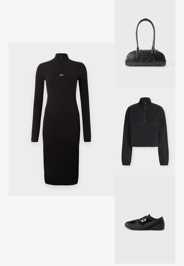 Schwarzer Langarm-Pullover mit Viertelreißverschluss, hohem Kragen, elastischen Bündchen, kontrastierenden Nähten und kleinem Logo auf der linken Brust.; Schwarzes, geripptes langärmliges Kleid mit einem halbseitigen Reißverschlusskragen und figurbetonter Silhouette, mit einem kleinen Logo auf der Brust. Glatte Textur.; Schwarze Sportschuhe mit Obermaterial aus Wildleder und Synthetik, mit strukturiertem Design, rundlicher Zehenpartie und flacher Sohle. Silbernes Logo-Detail an der Seite.; Schwarze Lederhandtasche mit langen doppelten Griffen und geprägtem ovalem Logo auf der Vorderseite, vor einem schlichten hellen Hintergrund gezeigt.