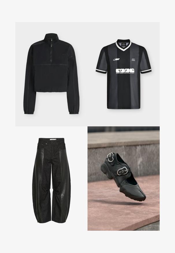 Schwarzer Langarm-Pullover mit Viertelreißverschluss, hohem Kragen, elastischen Bündchen, kontrastierenden Nähten und kleinem Logo auf der linken Brust.; Schwarz und dunkelgrau gestreiftes Sporttrikot mit kurzen Ärmeln und weißem Abschluss, mit dem Schriftzug "EST. 1986" und dem Logo "Mads Nørgaard Copenhagen" vorne.; Schwarze Hosen mit einer Mischung aus Denim- und Lederpaneelen. Das Design ist weit geschnitten und weist unterschiedliche Texturen auf, die einen deutlich sichtbaren Kontrast erzeugen.; Schwarzer gespalten zehiger Schuh mit zwei silbernen Schnallen, dicker Sohle und perforierten Details, schwebt über einer Steinoberfläche.