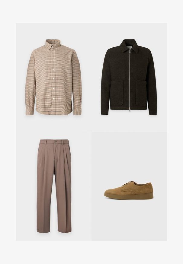 Donkergroene wollen jas met rits, kraag en twee opgestikte voorzakken, getoond op een lichtgrijze achtergrond.; Beige en bruine geruite lange mouwen knoopshirt met een knoop- naar beneden kraag, weergegeven op een effen achtergrond, vooraanzicht.; Bruine geplooide broek met ceintuurlussen, knoopsluiting aan de voorkant en ritssluiting, afgebeeld tegen een witte achtergrond.; Bruine suède veterschoen voor vrijetijdskleding met een platte rubberen zool, zijaanzicht tegen een eenvoudige lichte achtergrond.