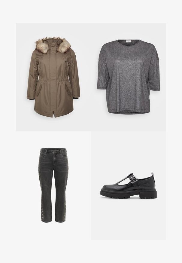 Brun parka-jakke med faux fur hætte, justerbar talje og sidelommer. Blød tekstur og medium længde, med trykknaplukninger.; Grå metallisk kortærmet top med rund halsudskæring og en løs pasform. Har en glat, skinnende tekstur og en subtil glitrende effekt.; Sorte høj talje lige jeans med metalknap, forlommer og små sølvnitter langs de ydre sidesømme.; Sort faux lædersko med krokodillestruktur, rund tå, ankelstrop med metalspænde og en kraftig gummisål.
