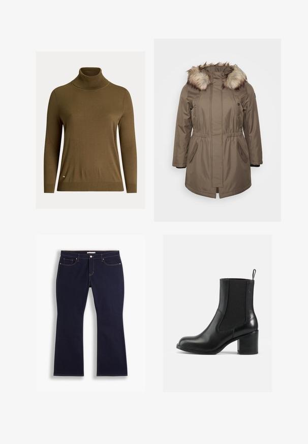Pruun parka jakk, millel on kunstkarusnahast kapuuts, reguleeritav vöökoht ja küljetaskud. Pehme tekstuur ja keskmine pikkus, nupuga kinni pigistatav.; Lauren Ralph Lauren Woman SILK BLEND TURTLENECK SWEATER - Džemper - honey tan; Levi's® Plus 315® SHAPING BOOT - Liibuvad teksad - darkest sky; Must värviline nahkpoolsaabas elastsete külgpaneelidega, ümar nina ja ploki kontsaga. Sile tekstuur, minimaalse õmblusega detail.