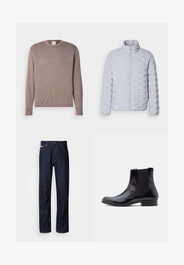 Veste doudoune gris clair avec un col haut, un motif matelassé horizontal, une fermeture éclair sur le devant et des poignets élastiques. Fabriquée à partir d'un matériau lisse et brillant.; Pull en maille côtelée marron avec un col rond, des manches longues et un petit logo sur la poitrine. Texture douce et design ajusté.; Jean en denim bleu foncé avec une coupe droite, présentant une braguette à boutons, cinq poches et des détails de coutures contrastantes.; Bottines en cuir noir avec panneaux élastiques sur les côtés, une texture lisse, un bout arrondi et un petit talon bloc. Design simple et élégant avec des coutures minimales.