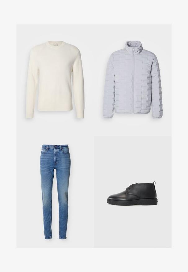 Veste doudoune gris clair avec un col haut, un motif matelassé horizontal, une fermeture éclair sur le devant et des poignets élastiques. Fabriquée à partir d'un matériau lisse et brillant.; Pull blanc à manches longues en tissu doux, avec un col rond ras du cou et des poignets et ourlet côtelés, design minimaliste sans motifs.; Jean slim taille haute bleu moyen avec bouton et fermeture éclair à l'avant, design à cinq poches, et légère décoloration sur les cuisses et les genoux.; Bottines noires en cuir avec une texture lisse, bout rond et semelle en caoutchouc noir. Comprend un laçage et un tirant à l'arrière pour un enfilage facile.