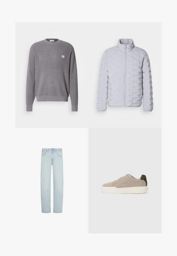 Chaqueta de plumas gris claro con un cuello alto, patrón de acolchado horizontal, cremallera frontal y puños elásticos. Fabricada con un material suave y brillante.; Suéter de punto gris de manga larga con textura acanalada y pequeño parche cuadrado del logo CK en el lado izquierdo del pecho, cuello redondo.; Vaqueros de mezclilla azul claro con corte recto, cierre frontal con botón y cremallera, trabillas para cinturón y bolsillos delanteros.; Zapatillas de piel de ante beige con suela de goma blanca, que presentan un acento en el talón de color verde oscuro y un sutil logo en el lateral.