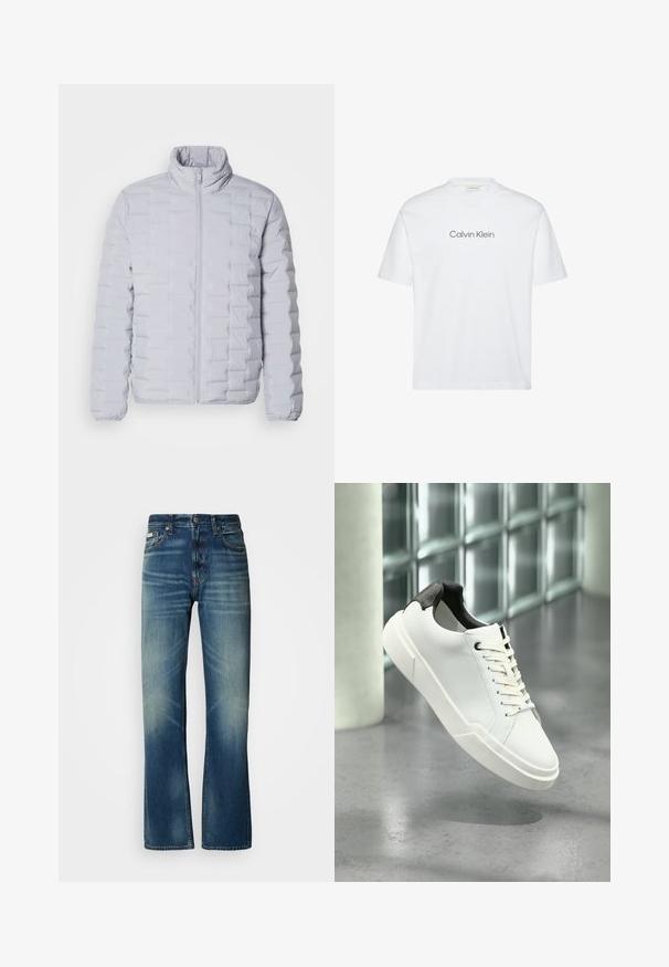 Chaqueta de plumas gris claro con un cuello alto, patrón de acolchado horizontal, cremallera frontal y puños elásticos. Fabricada con un material suave y brillante.; Camiseta blanca de algodón con mangas cortas. Presenta un cuello redondo y un logo impreso de "Calvin Klein" en gris en el pecho.; Jeans de mezclilla azul con un corte recto, lavado medio, detalles deslavados, cinco bolsillos y cierre de botón. Costuras distintivas a lo largo de las costuras.; Zapatilla blanca de perfil bajo con lengüeta del talón texturizada en negro, cordones blancos y suela gruesa sobre un suelo de cemento pulido cerca de bloques de vidrio.