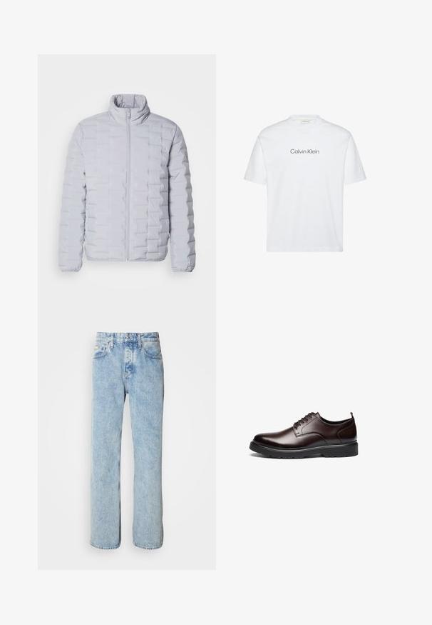 Lys grå dunjakke med høj krave, vandret quiltet mønster, frontlynlås og elastiske manchetter. Lavet af et glat, shiny materiale.; Hvid bomuld t-shirt med korte ærmer. Har rund halsudskæring og et trykt "Calvin Klein" logo i gråt hen over brystet.; Lyseblå denimjeans med lige pasform, fem-lomme design og synlige syninger. Klassisk talje med knaplukning.; Brune lædersko med snørebånd, der har et slankt design, rund tå, kontrasterende sort gummisål og minimal synlig syning.