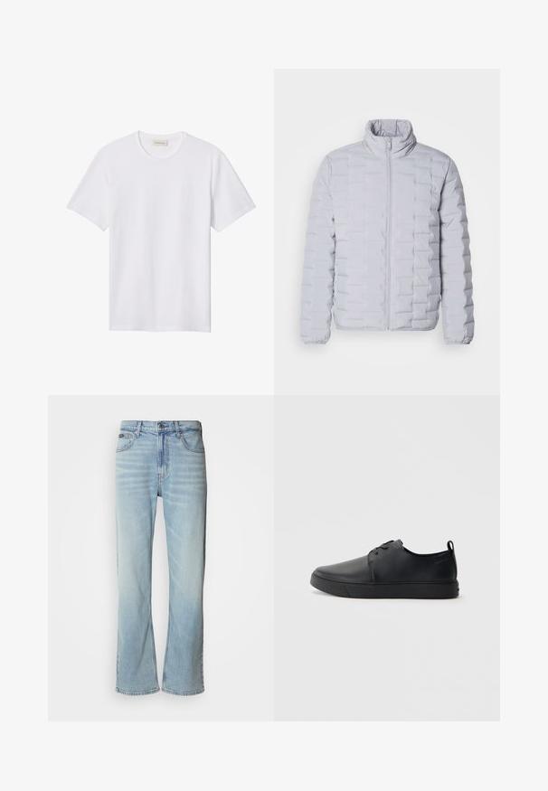 Hellgraue Pufferjacke mit hohem Kragen, horizontalem Steppmuster, Reißverschluss vorn und elastischen Bündchen. Hergestellt aus einem glatten, glänzenden Material.; Ein schlichtes weißes T-Shirt mit kurzen Ärmeln und Rundhalsausschnitt, mit einem kleinen, geprägten Logo auf der linken Brust und einem Markenlabel im Kragen.; Hellblaue Jeans aus Denim mit geradem Bein, ausgestattet mit fünf Taschen, einem Knopfverschluss und subtilen Verwaschungen im Stoff.; Schwarze Leder-Sneaker mit glatter Oberfläche, abgerundeter Zehenpartie, gleichfarbiger Nähte, schnürbarem Vorderteil und flacher Gummisohle. Schlaufe an der Ferse.