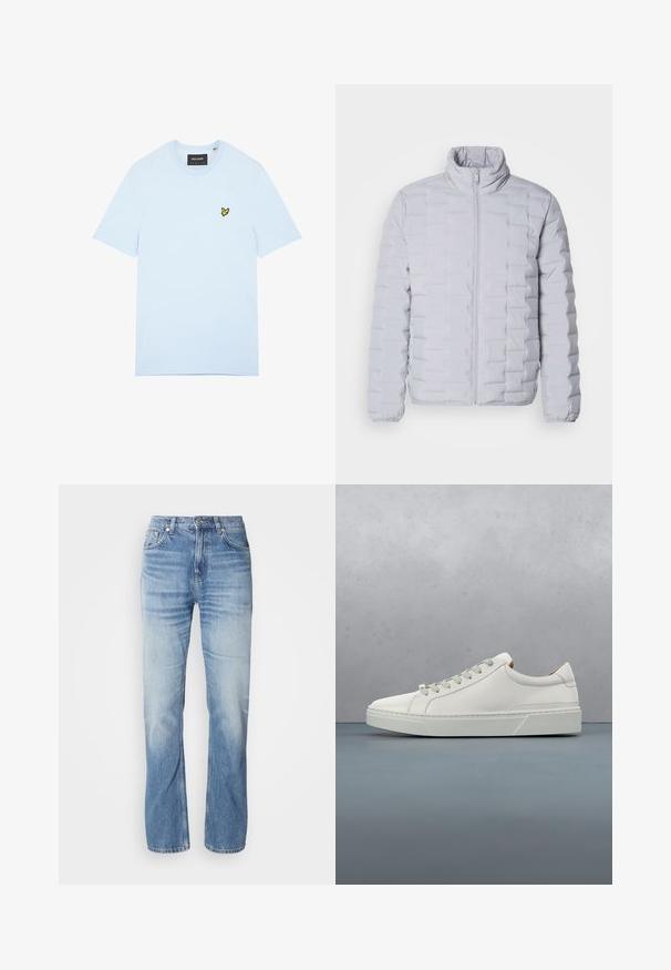 Lys grå dunjakke med høj krave, vandret quiltet mønster, frontlynlås og elastiske manchetter. Lavet af et glat, shiny materiale.; Lyseblå bomulds t-shirt med rund halsudskæring, med en lille gul fuglelogo broderet på venstre bryst. Korte ærmer, ensfarvet.; Lyseblå denimjeans med lige ben, slidt finish, fem lommer og knaplukning. Klassisk design og medium tykkelse.; Hvid lædersneaker med rund tå, minimalistisk design, grå snørebånd og en tekstureret grå gummisål. Subtile syningsdetaljer er synlige.